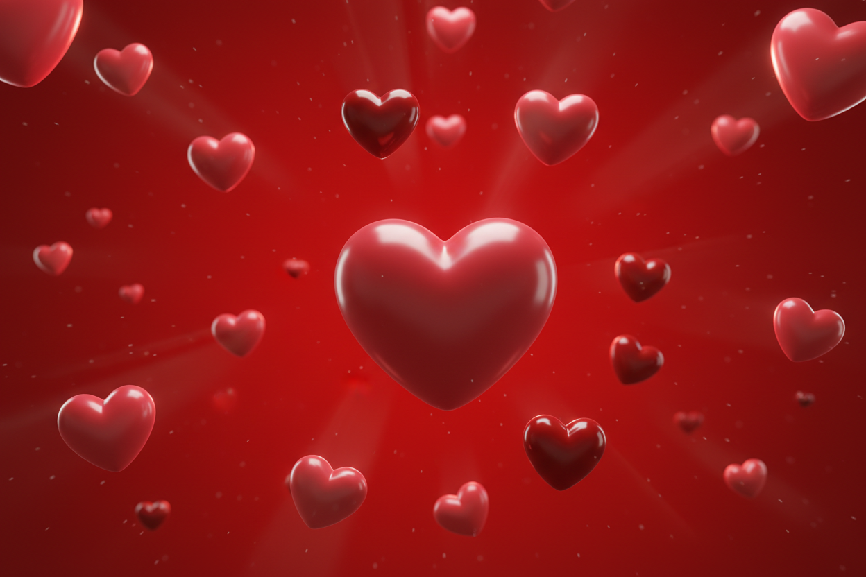 fond rouge avec des coeur en 3D